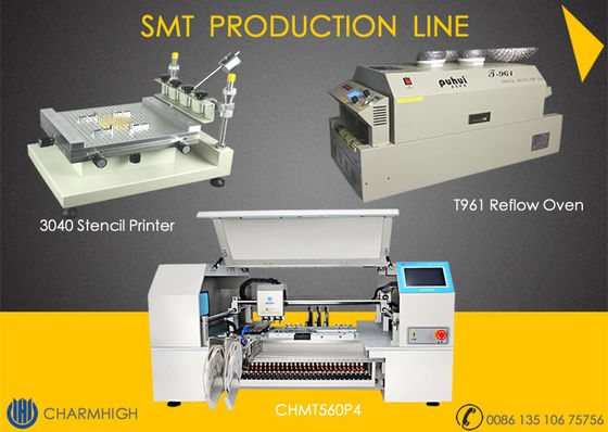 การกำหนดค่าสูง SMT Line 60 Feeders 4 หัว CHMT560P4 เครื่อง SMT P&amp;P / เตาอบ Reflow T961 / เครื่องพิมพ์แบบวางประสาน 3040