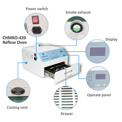 อากาศร้อน + อินฟราเรด 2500w เตาอบรีโฟลว์ไร้สารตะกั่ว CHMRO-420 สถานีทำความร้อน SMD